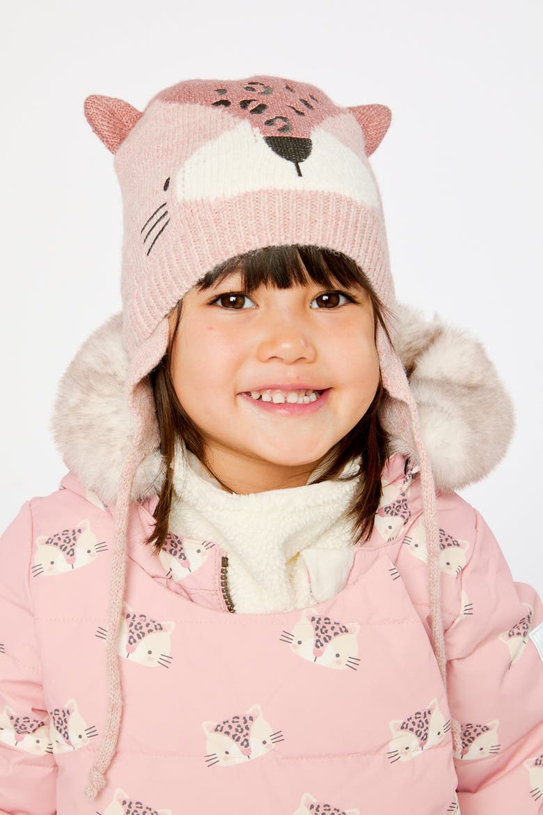 Leopard Face Fleece Lined Ear Flap Winter Knit Hat, Alternate, color, Pale Dusty Pink