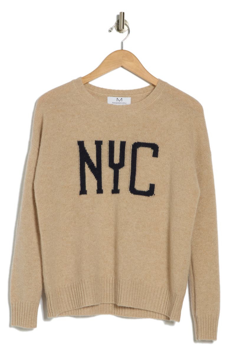 Magaschoni NYC Cashmere Crewneck Sweater, Alternate, color, Dune Heather / Navy Ink