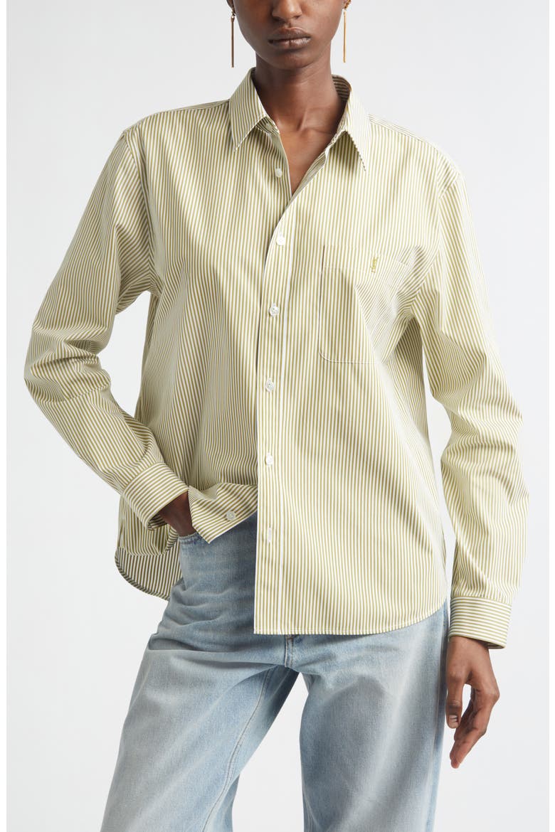 Classic Stripe Cotton Poplin Button-Up Shirt, Main, color, KHAKI/ BLANC