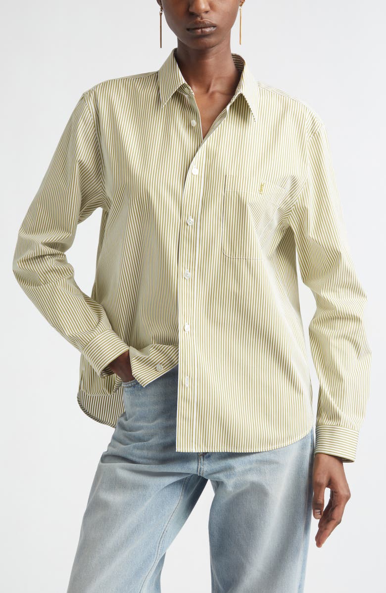 Saint Laurent Classic Stripe Cotton Poplin Button-Up Shirt, Main, color, Khaki/ Blanc