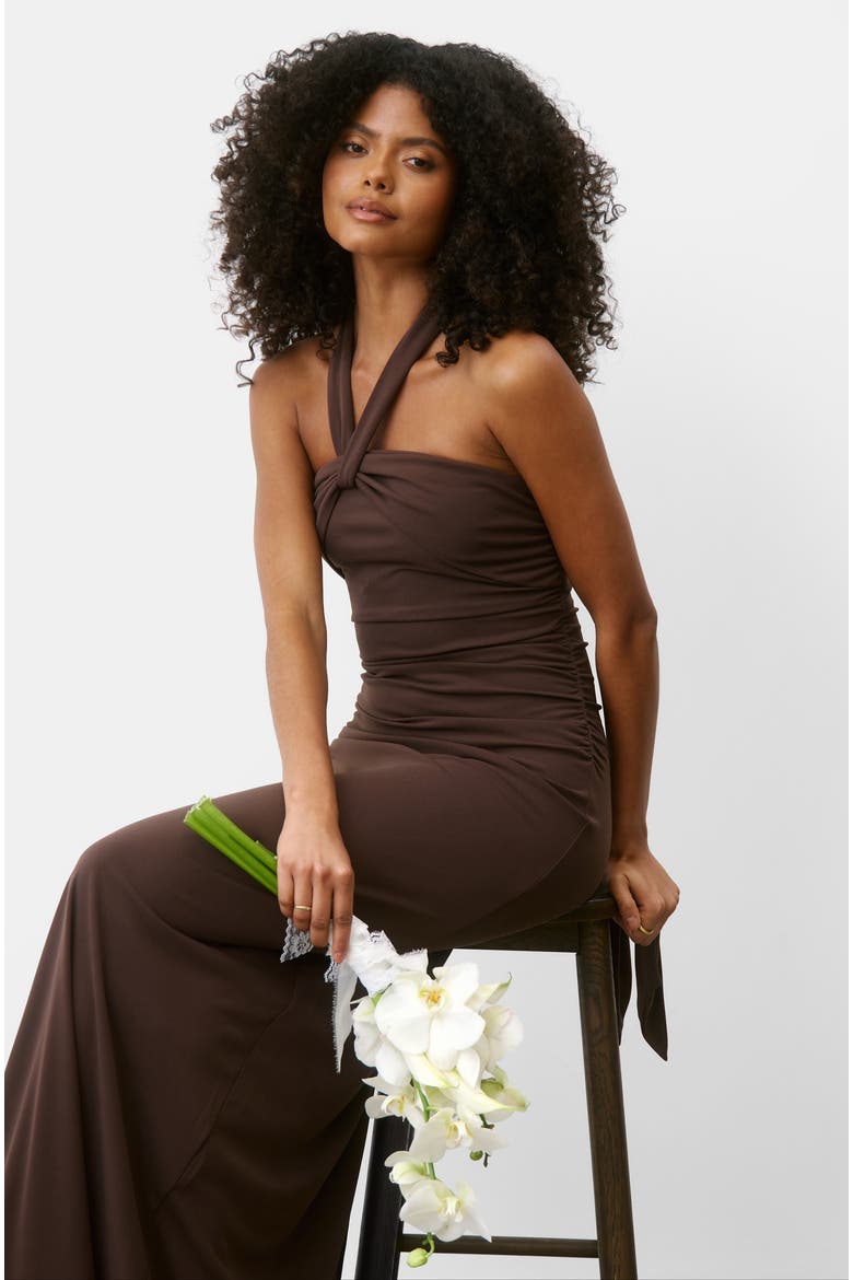 Halter Neck Sculpt Bridesmaid Dress, Alternate, color, Chocolate