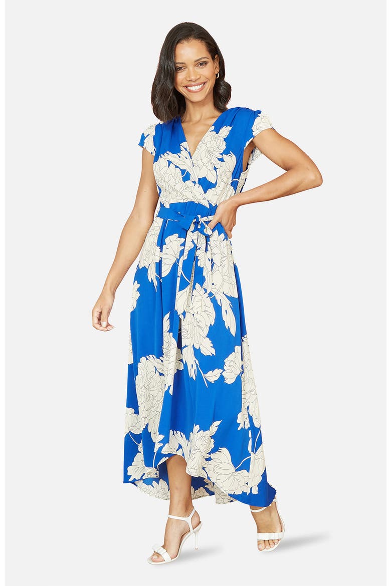 Blossom Print Dipped Hem Wrap Midi Dress, Main, color, Blue