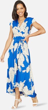 Yumi Blossom Print Dipped Hem Wrap Midi Dress