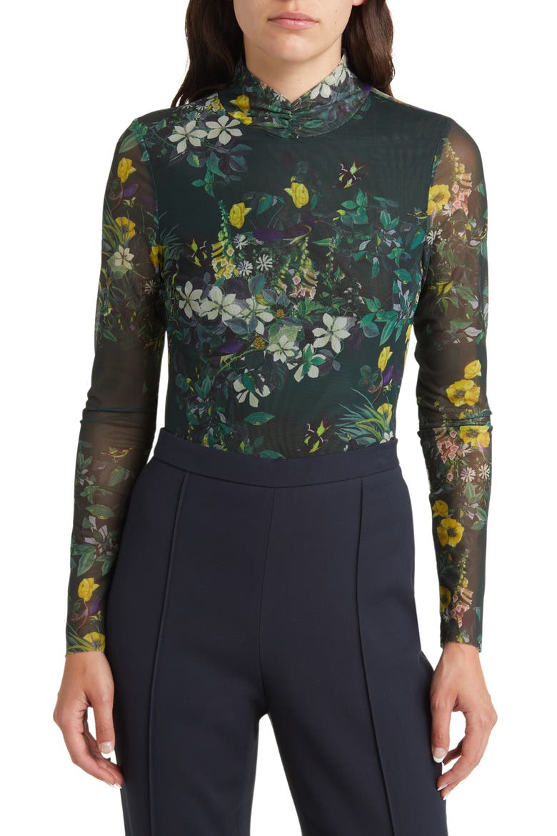 Kellina Floral Print Mesh Turtleneck Top, Main, color, BLACK