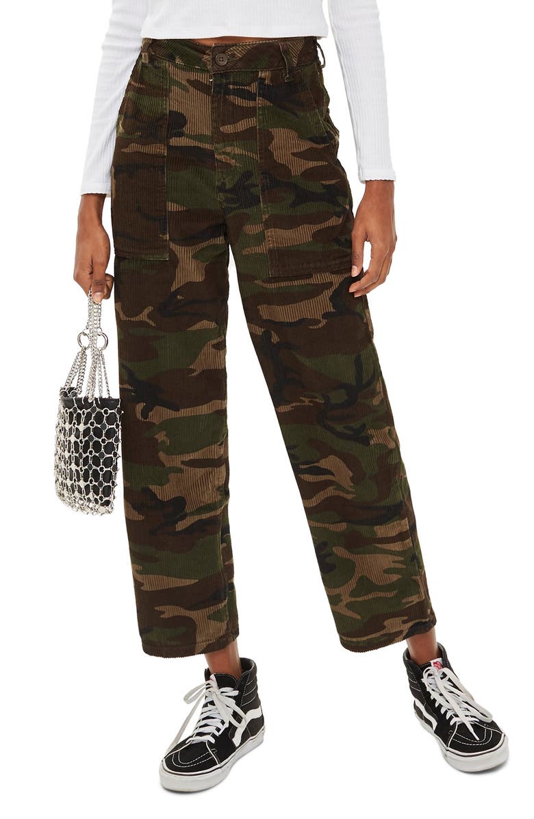 Topshop Sonny Camouflage Corduroy Trousers, Main, color, 