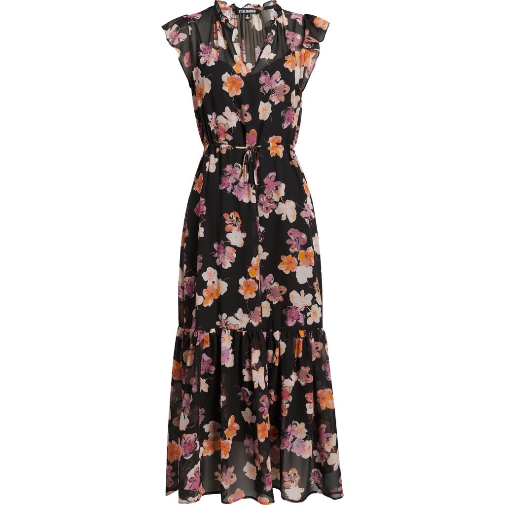 STEVE MADDEN STEVE MADDEN OSIRIS FLORAL CAP SLEEVE RUFFLE DRESS