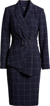 Tahari ASL Windowpane Plaid Two-Piece Long Sleeve Dress