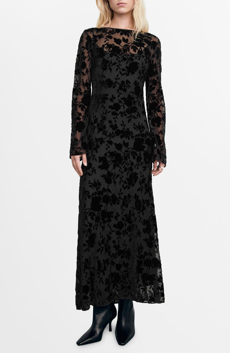 MANGO Floral Jacquard Long Bell Sleeve Maxi Dress, Main, color, Black