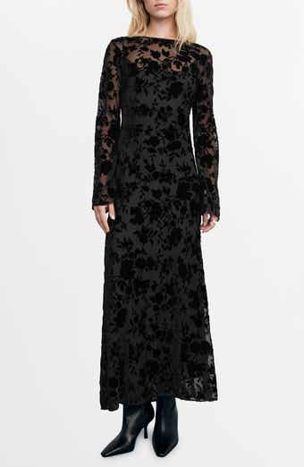 MANGO Floral Jacquard Long Bell Sleeve Maxi Dress