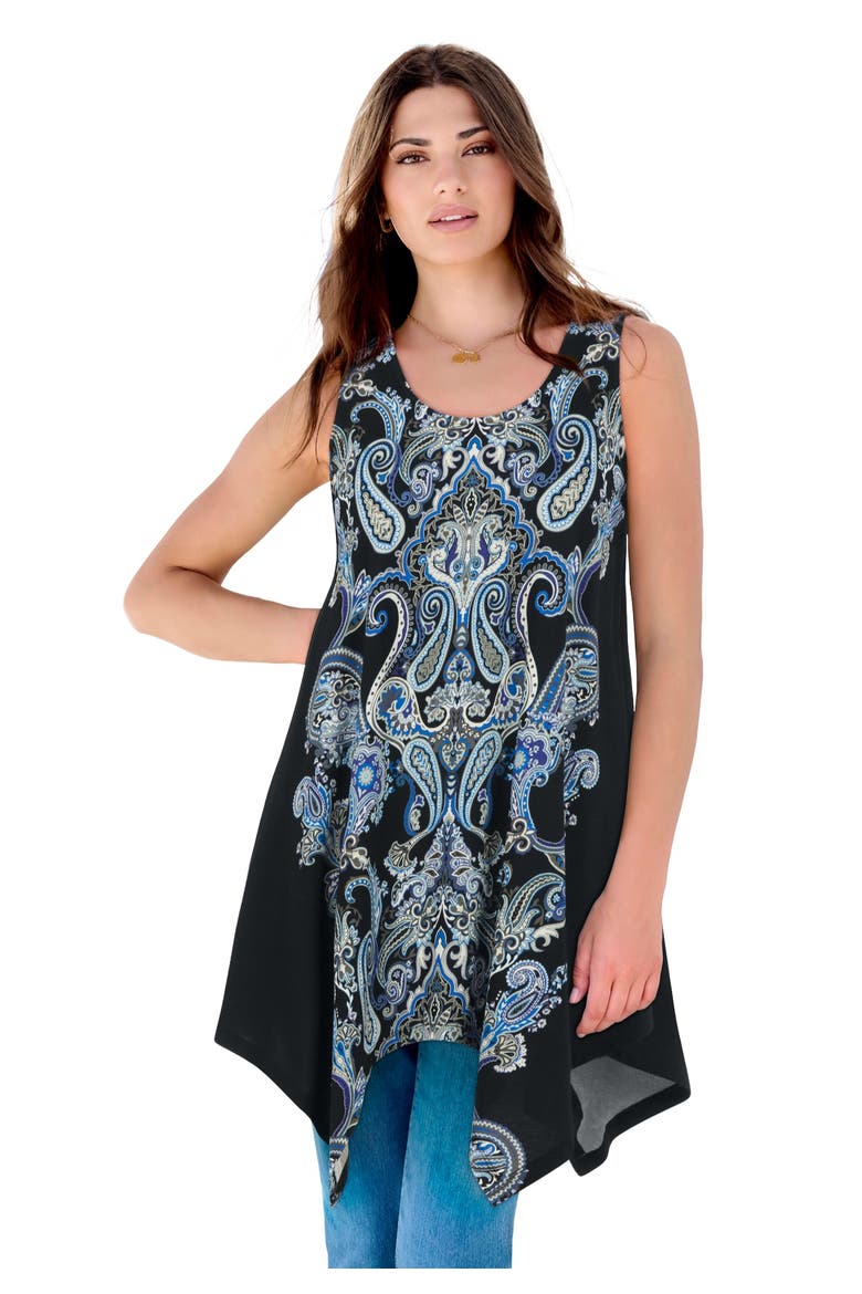 Plus Size Handkerchief Hem Tunic Tank Top, Main, color, BLACK MIRRORED PAISLEY