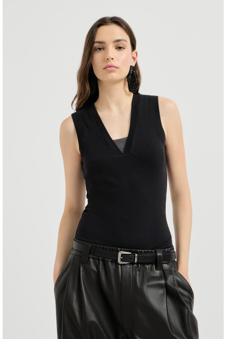 Stretch cotton jersey T-shirt with precious faux-layering, Main, color, Black