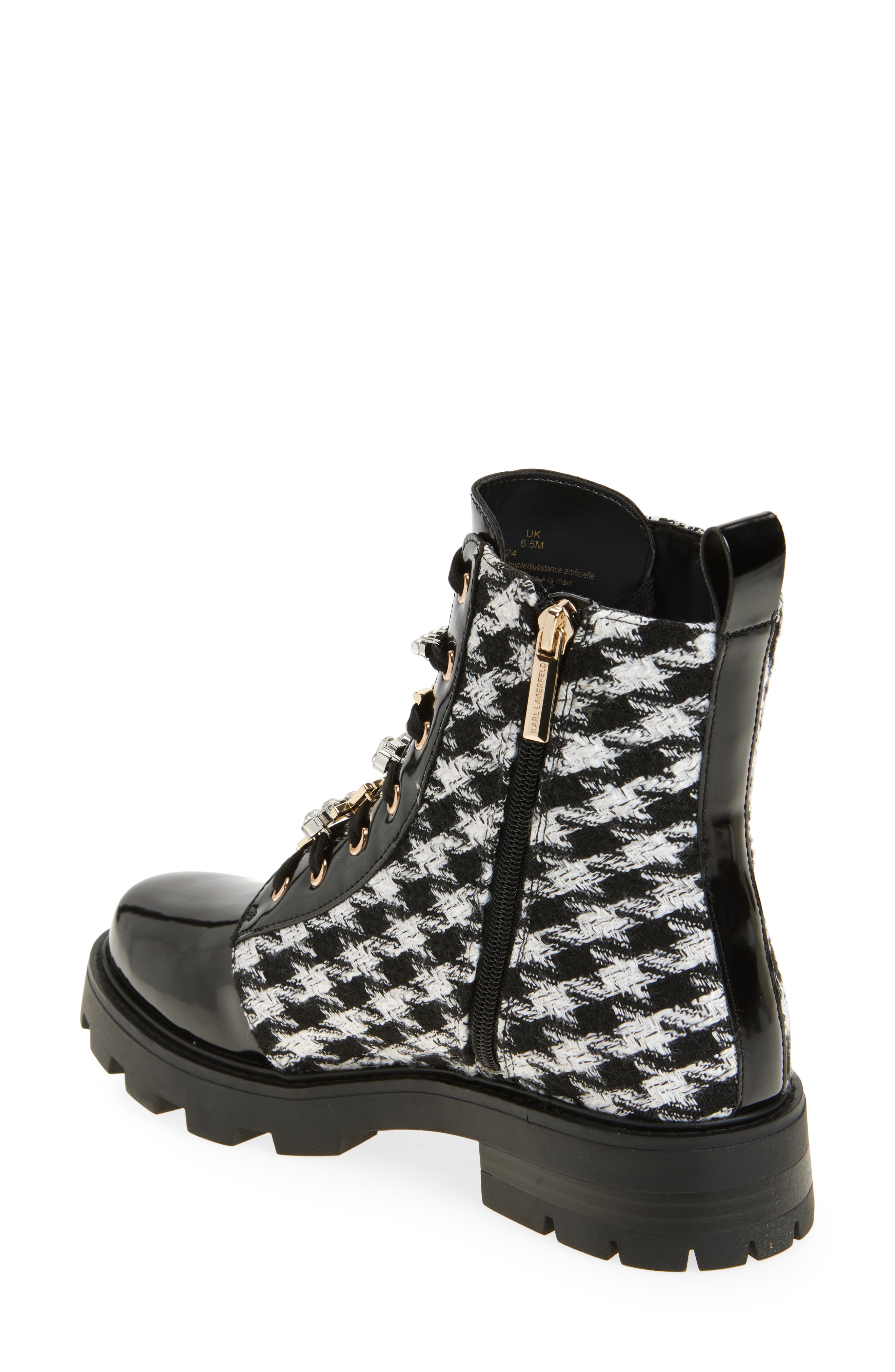 KARL LAGERFELD PARIS Maple Tweed Combat Boot, Alternate, color, Black/White