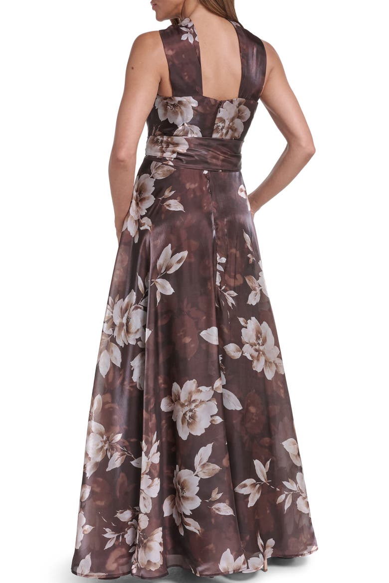 Floral Twist Neck Organza Ballgown, Alternate, color, CHOCOLATE
