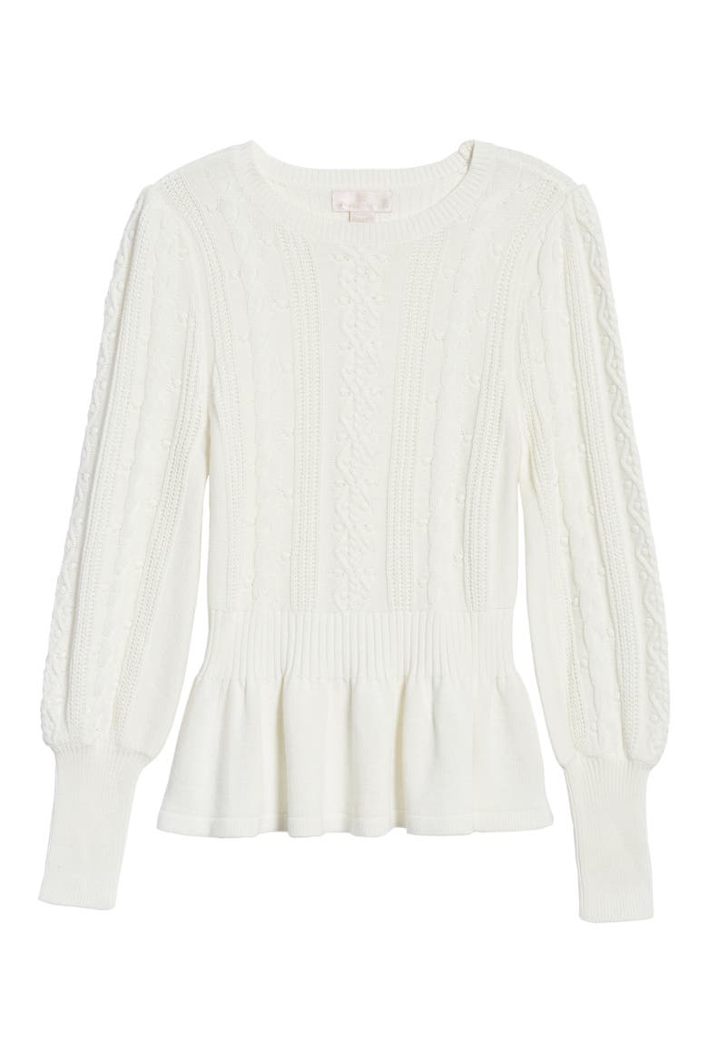 Cable Bobble Peplum Cotton Blend Sweater, Alternate, color, IVORY CLOUD
