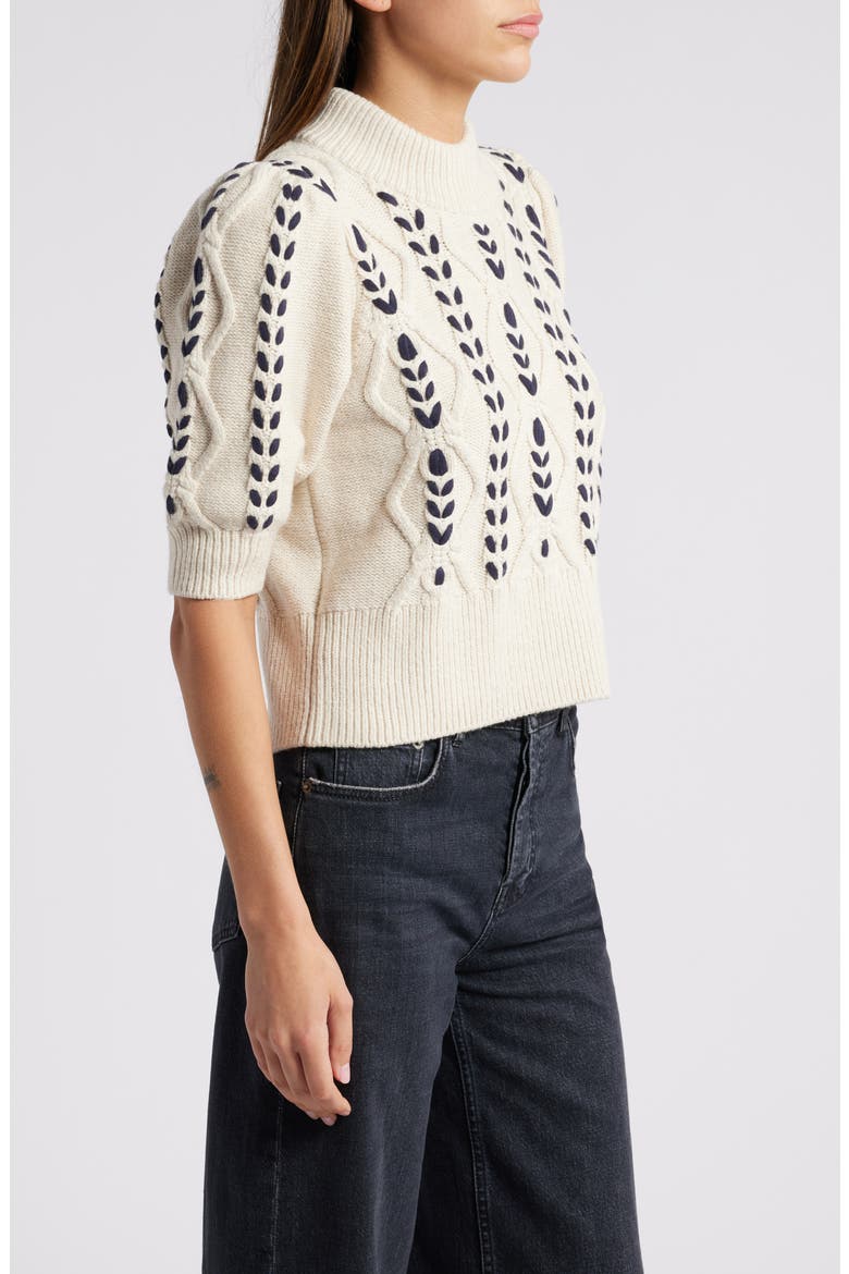 Addy Textured Elbow Sleeve Sweater, Alternate, color, OATMEAL NAVY CABLES