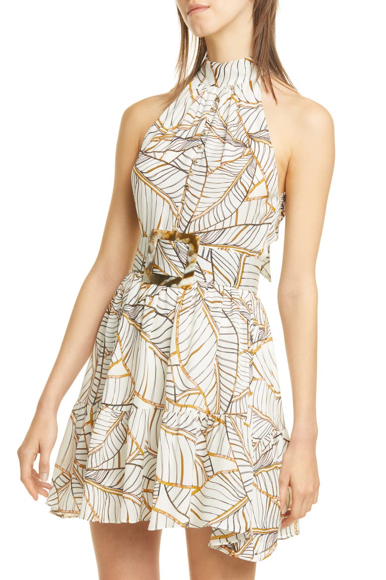 Selima Palm Leaf Print Silk Minidress, Alternate, color, VINTAGE PALM - IVORY