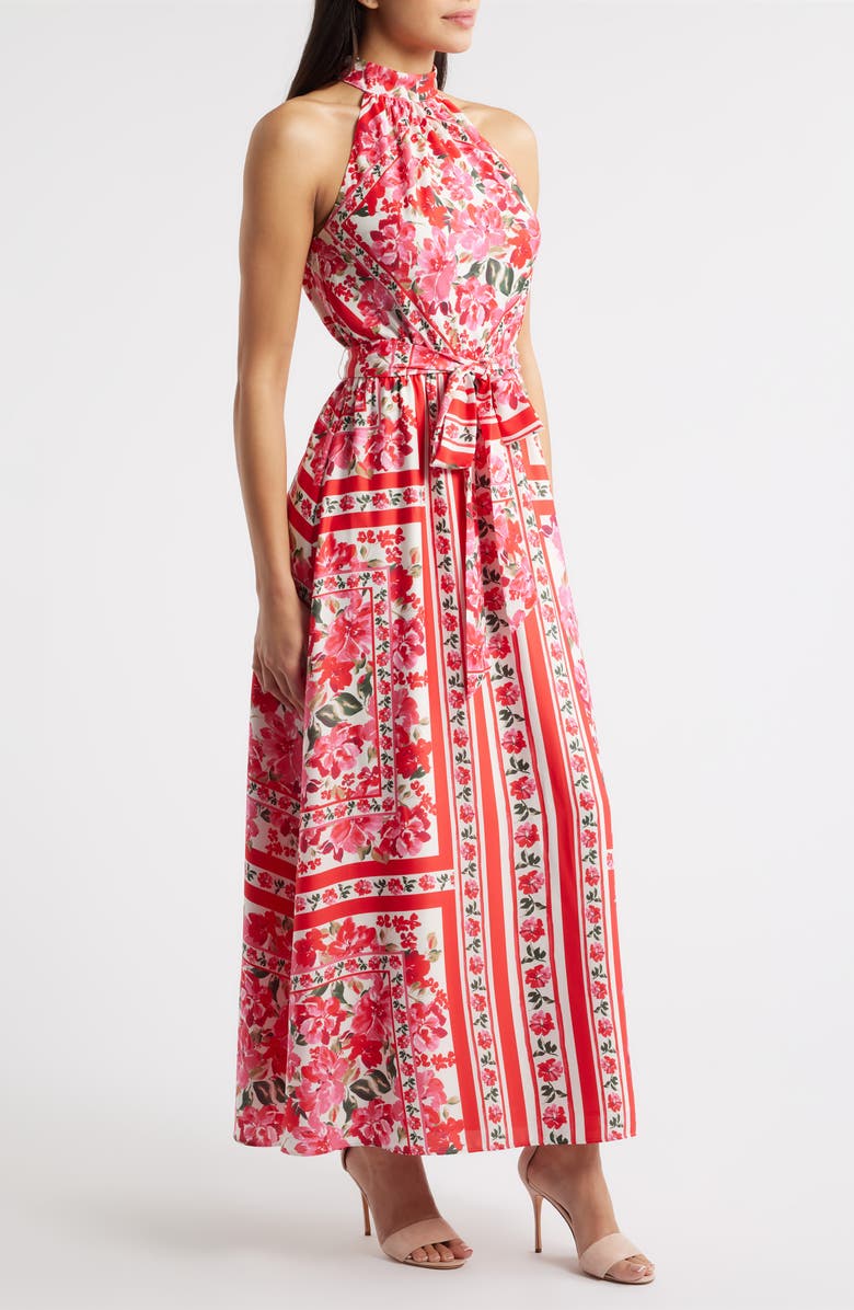 Anne Klein Tie Waist Sleeveless Maxi Dress, Alternate, color, Poppy Multi