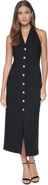HALSTON Halter Button-Front Midi Dress
