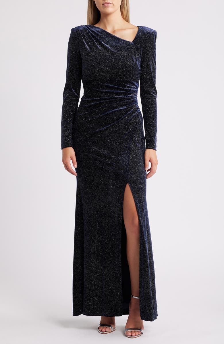Vince Camuto Metallic Velvet Long Sleeve Gown, Main, color, 