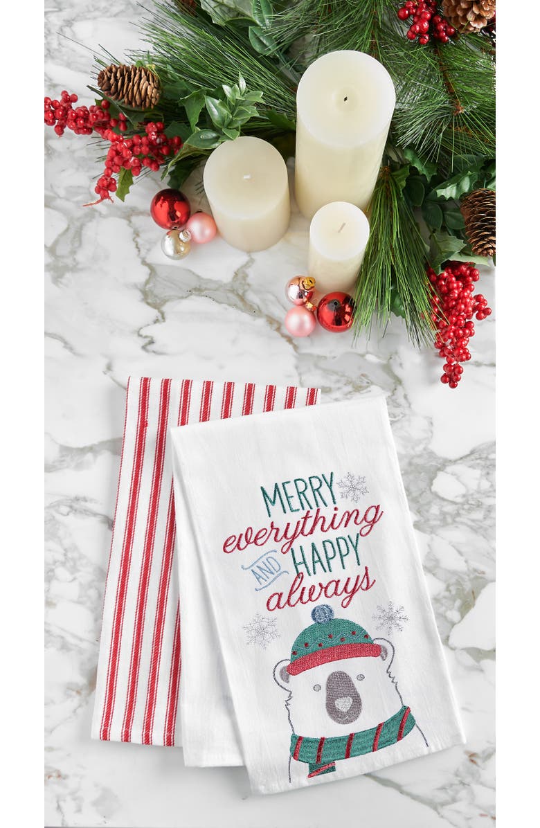 C&F Home Christmas "Merry Everything and Happy Always" Sentiment Polar Bear Cotton Flour Sack Kitchen Dish Towel  27L x 18W in., Alternate, color, Green