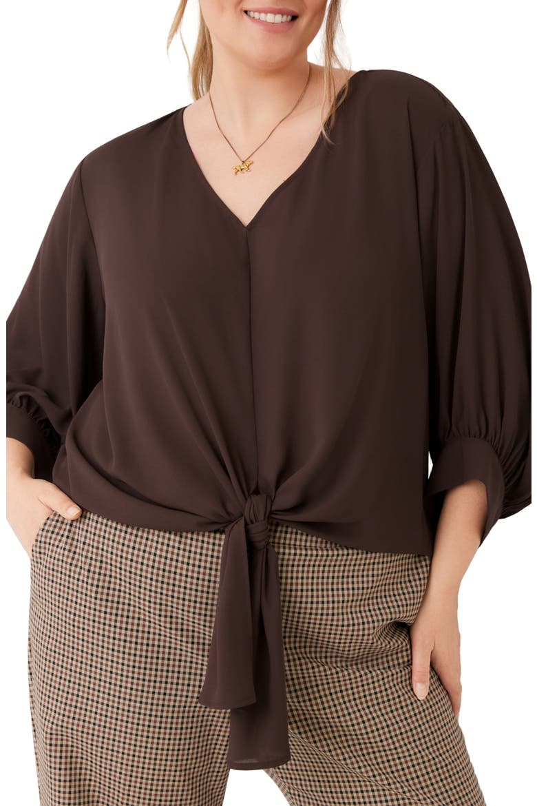 Blouson Sleeve Tie Front Top, Main, color, CHOCOLATE