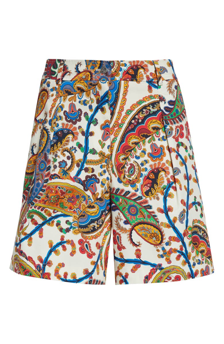 Etro Paisley Pleated Stretch Cotton Bermuda Shorts, Main, color, Print On White Base