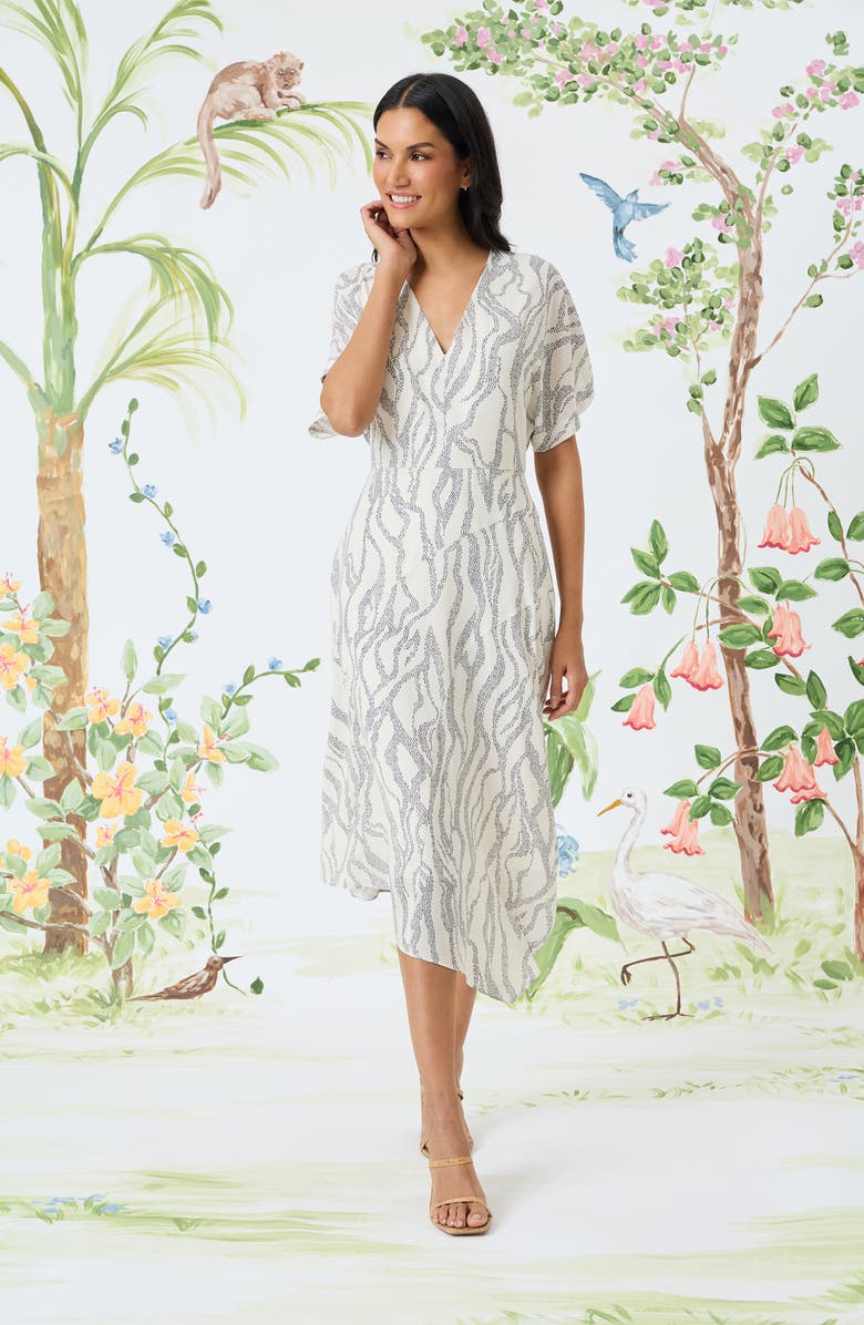 Maggy London Abstract Print Asymmetric Midi Dress, Alternate, color, Ivory/ Charcoal