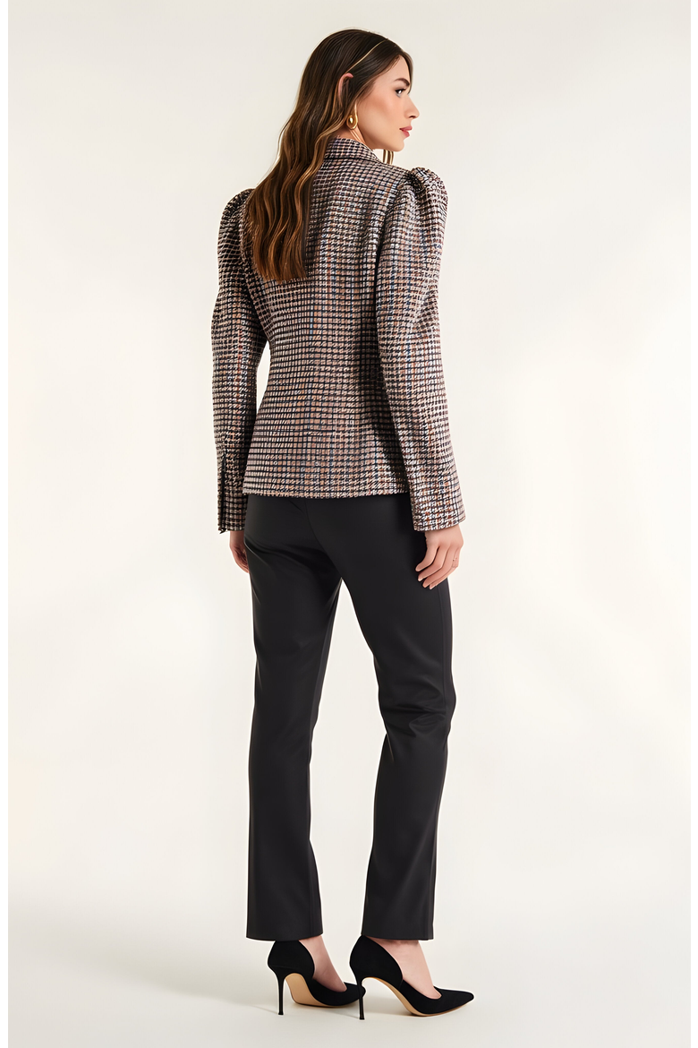 Houndstooth Blazer with Puff Shoulders, Notch Lapels and Single Button, Alternate, color, Brown/Beige Houndstooth