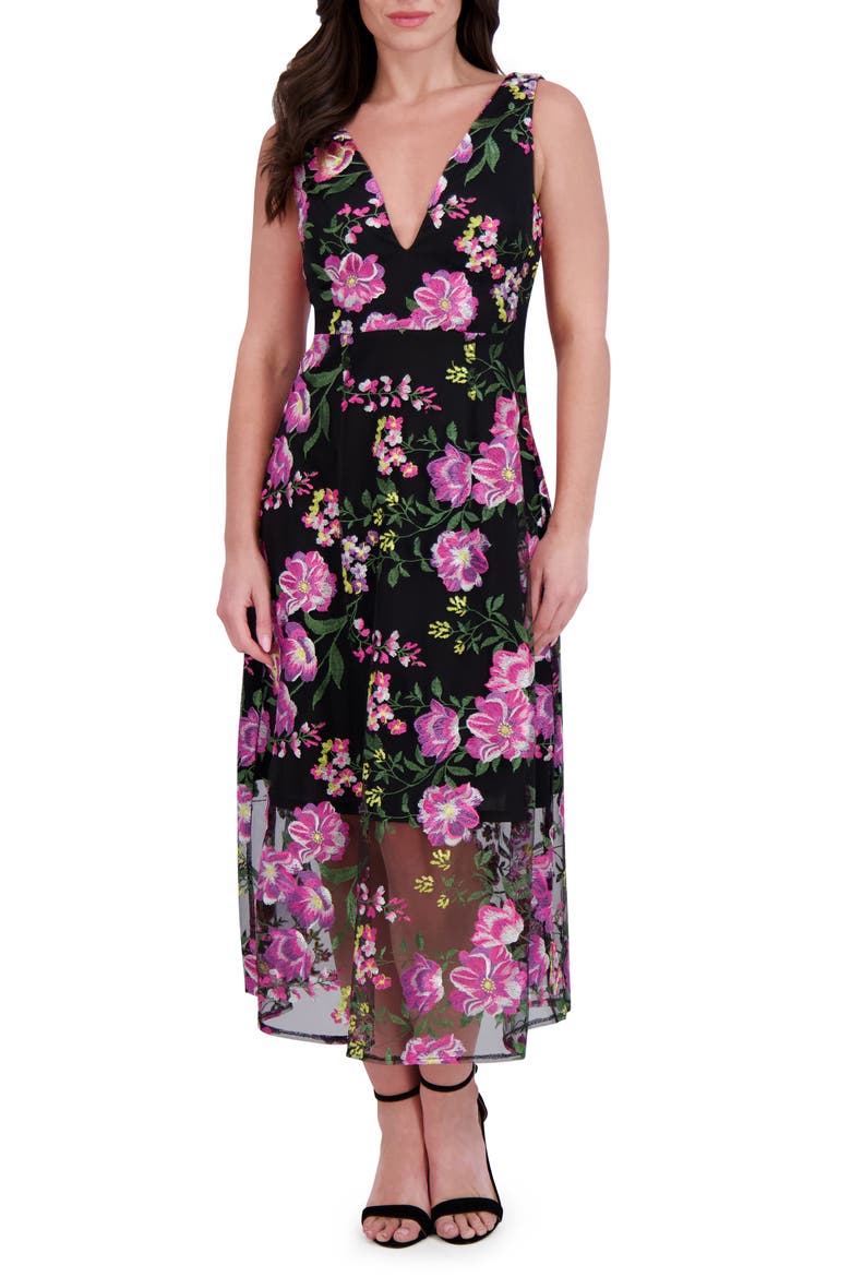 Embroidered Mesh Midi Dress, Main, color, BLACK MULTI