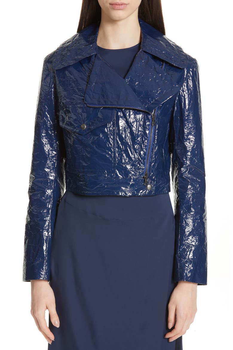 Annabelle Crinkled Faux Patent Leather Crop Moto Jacket, Alternate, color, NAVY