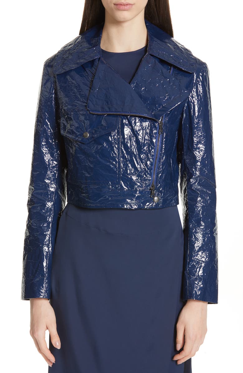 Sies Marjan Annabelle Crinkled Faux Patent Leather Crop Moto Jacket, Alternate, color, 