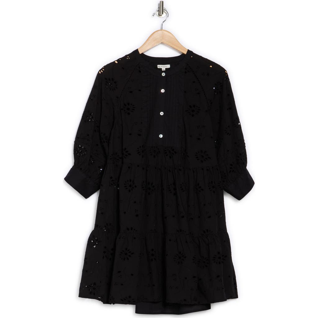 Shop Maisie Long Sleeve Eyelet Button-up Minidress In Black