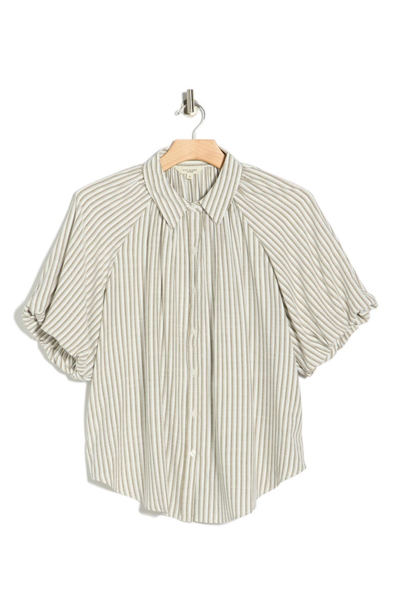 Stripe Bubble Sleeve Button-Up Shirt, Alternate, color, IVORY/ OLIVE TIPPING STRIPE