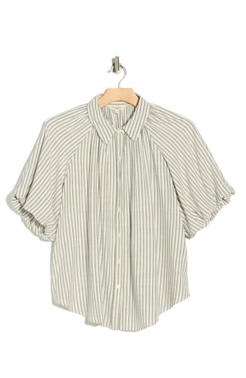 Stripe Bubble Sleeve Button-Up Shirt (Plus)