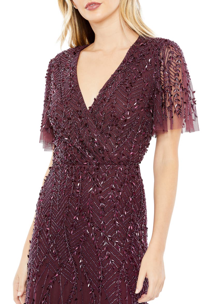 Women’s Embellished Flutter Sleeve Evening Gown, Alternate, color, AUBERGINE