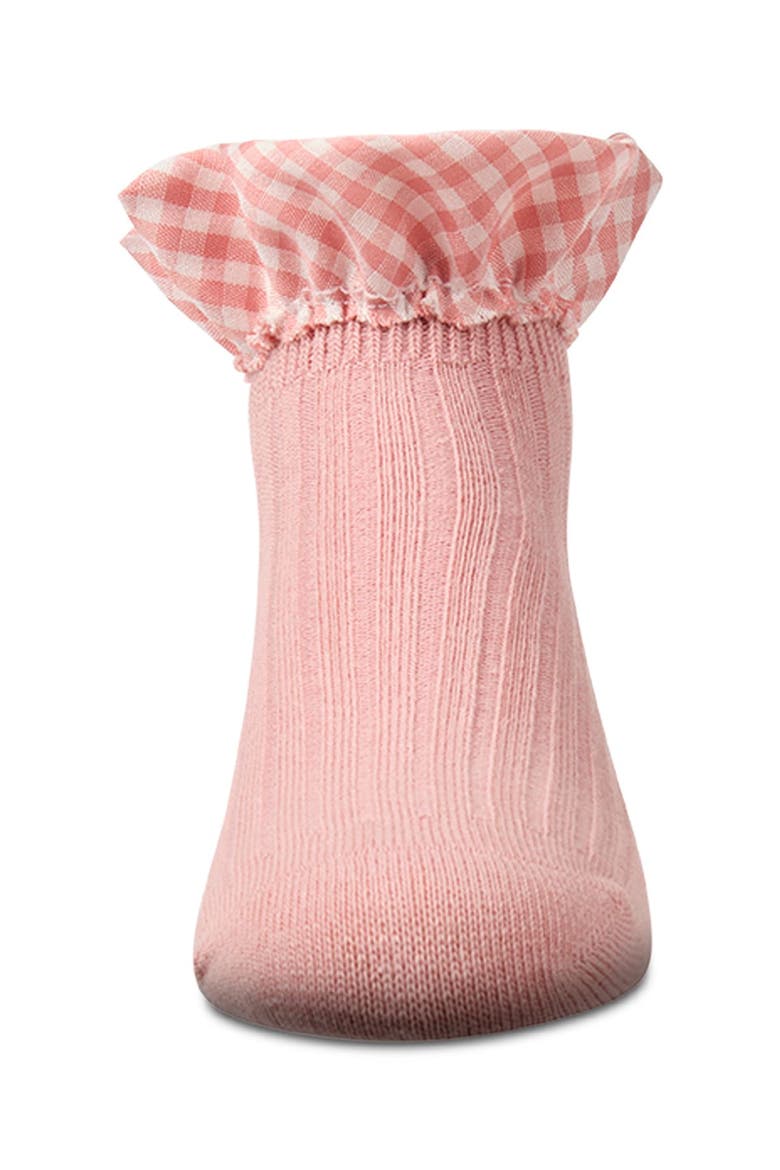 Ribbed  Checkered Ruffle-Trim Ankle Sock, Alternate, color, Pink