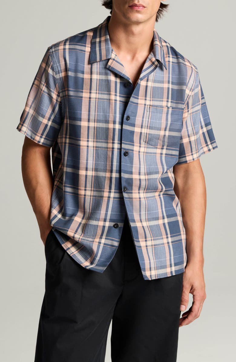 Vince Prine Plaid Short Sleeve Button Front Shirt, Main, color, Prussian Blue Combo