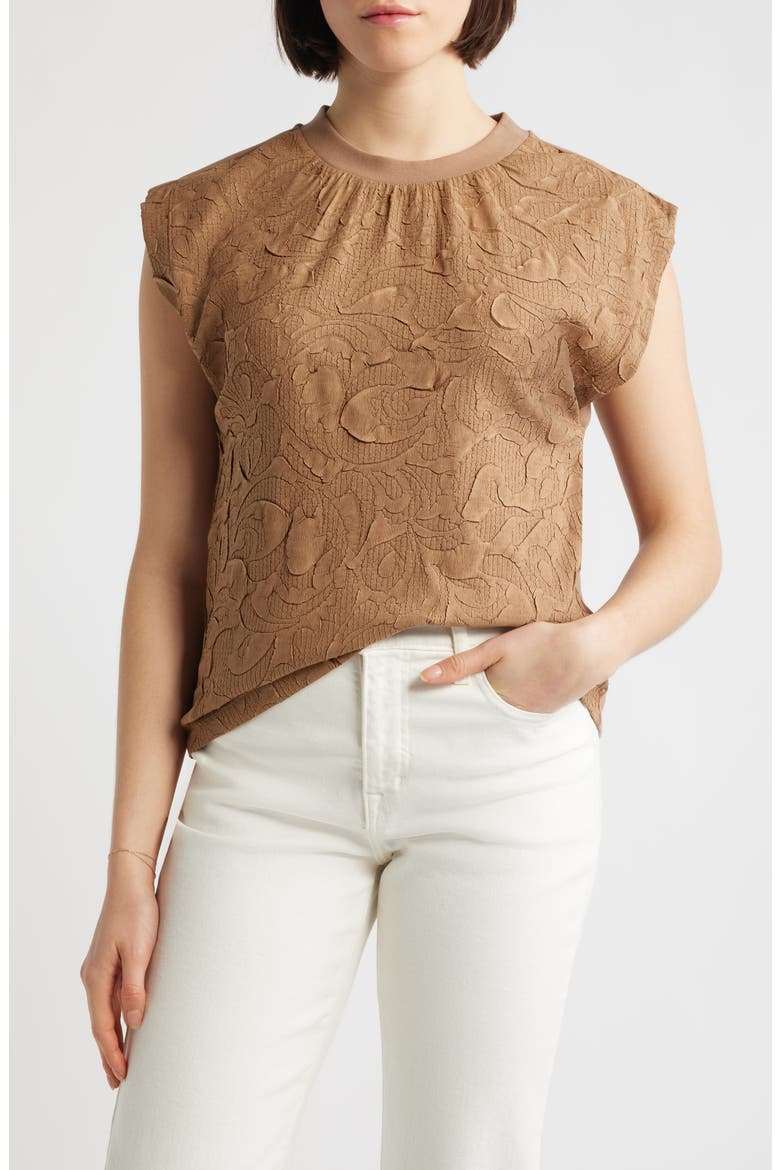 Mixed Media Crinkle Jacquard Top, Main, color, BUTTER TOFFEE