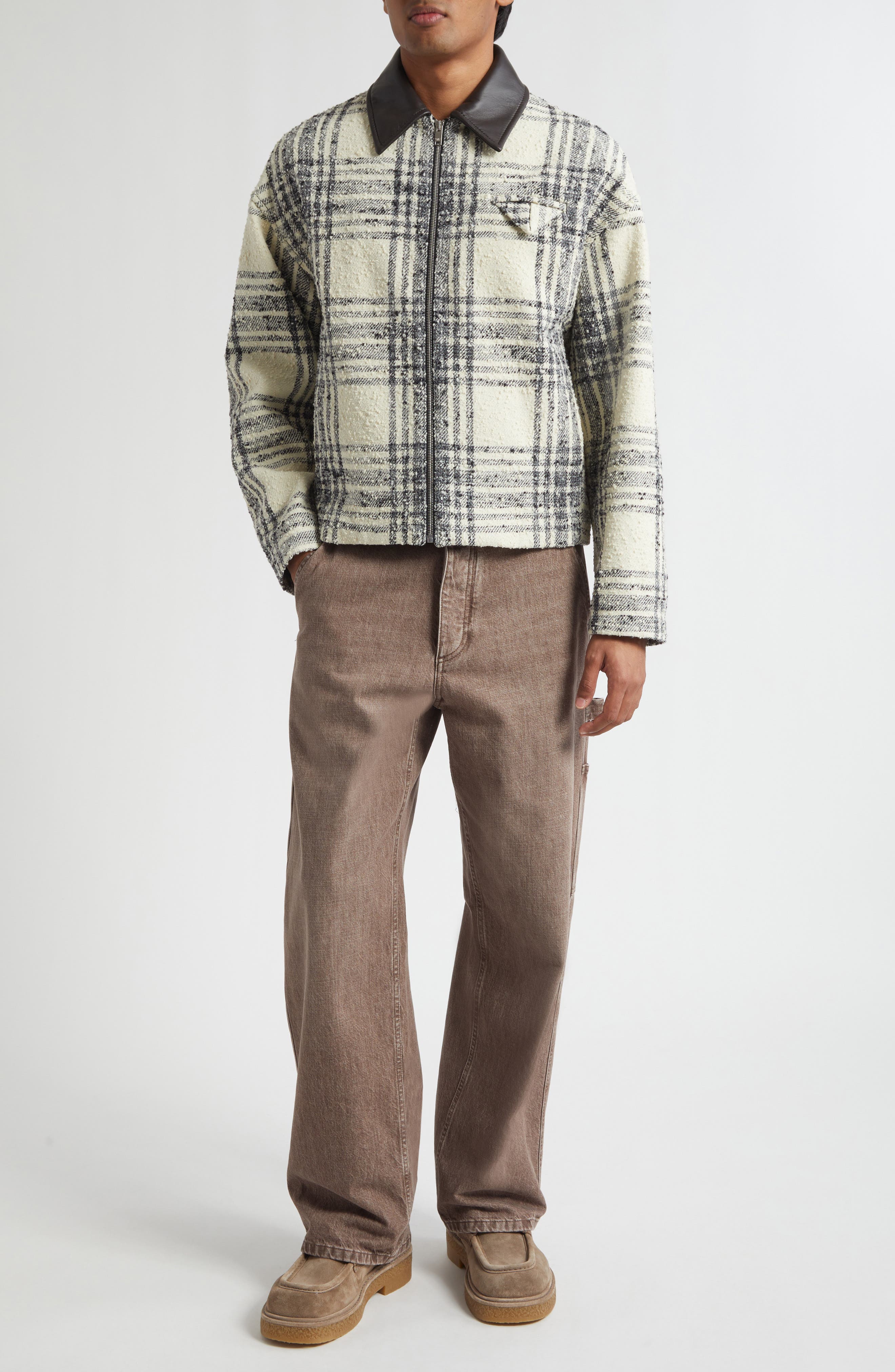 Compact Boucle Check Wool Blend Jacket with Leather Trim - image 2