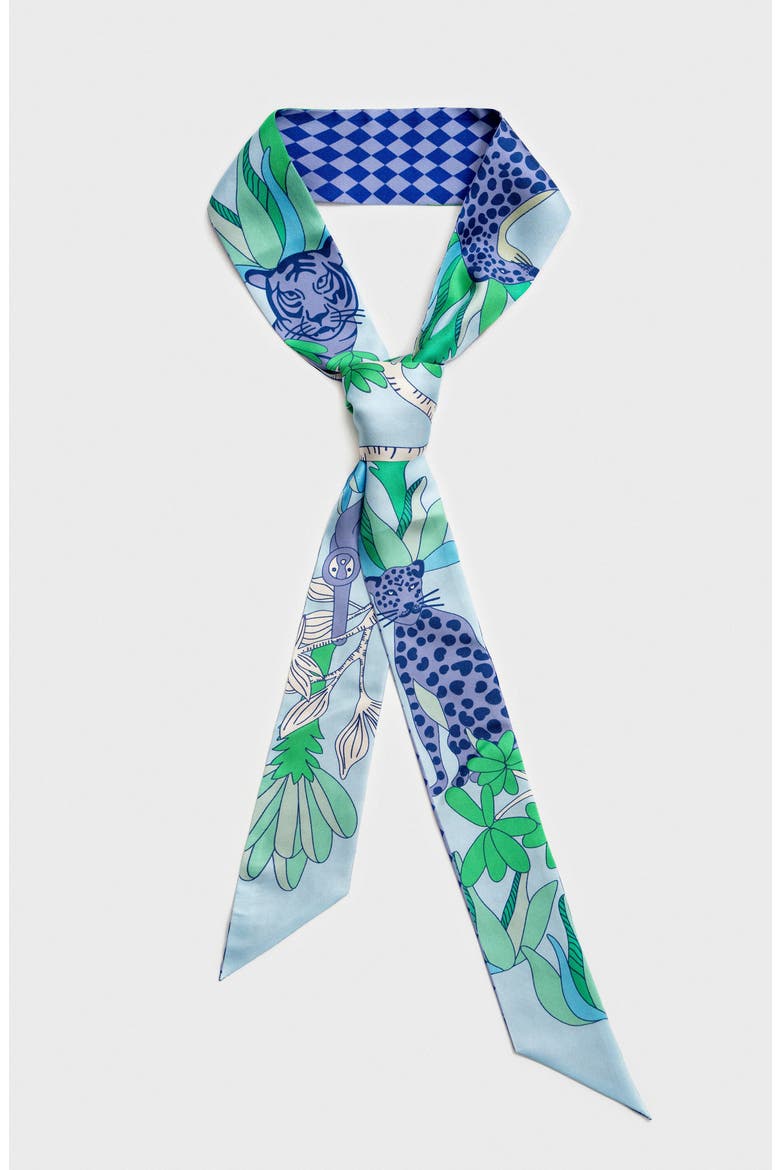 Silk Skinny Scarf Jungle Party, Main, color, Blue