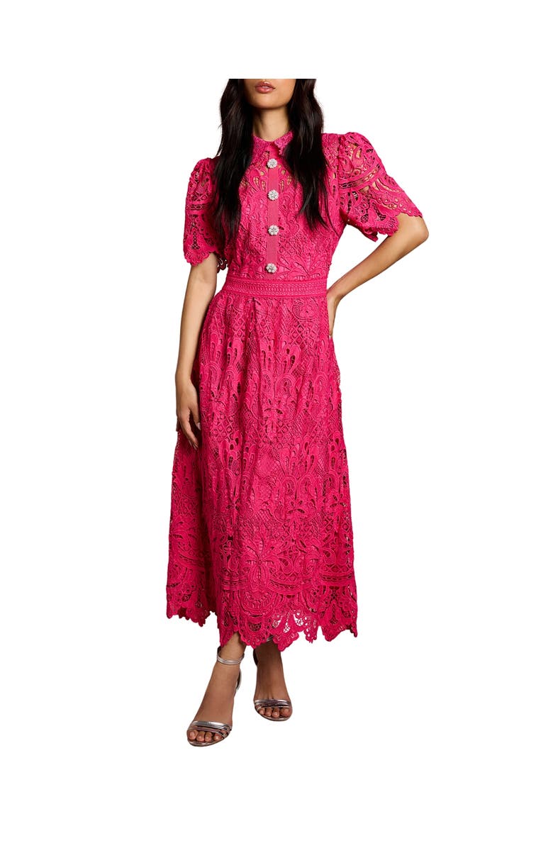 Coast Short Sleeve Collared Lace Midi Dress, Main, color, Raspberry