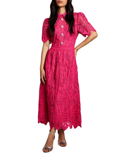 Short Sleeve Collared Lace Midi Dress
