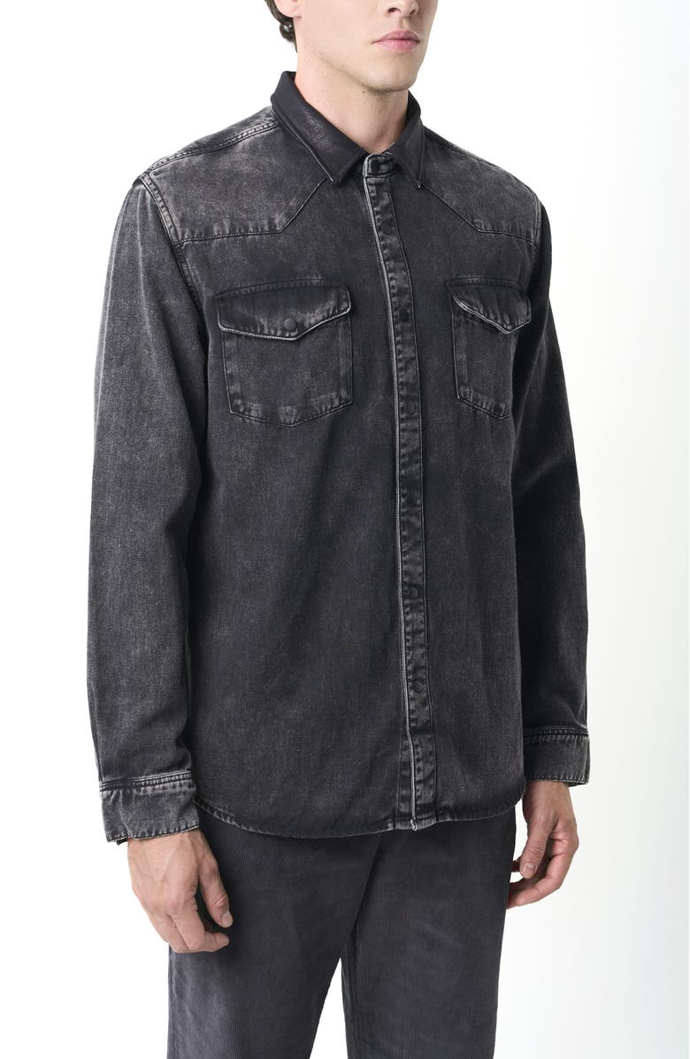 Velez Long-Sleeve Cotton Overshirt With Denim and Leather, Alternate, color, Black
