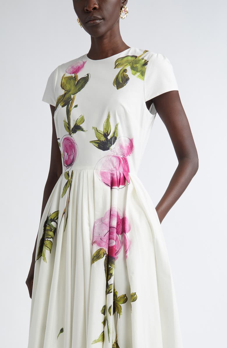 Oscar de la Renta Painted Roses Pleated Stretch Poplin Dress, Alternate, color, 