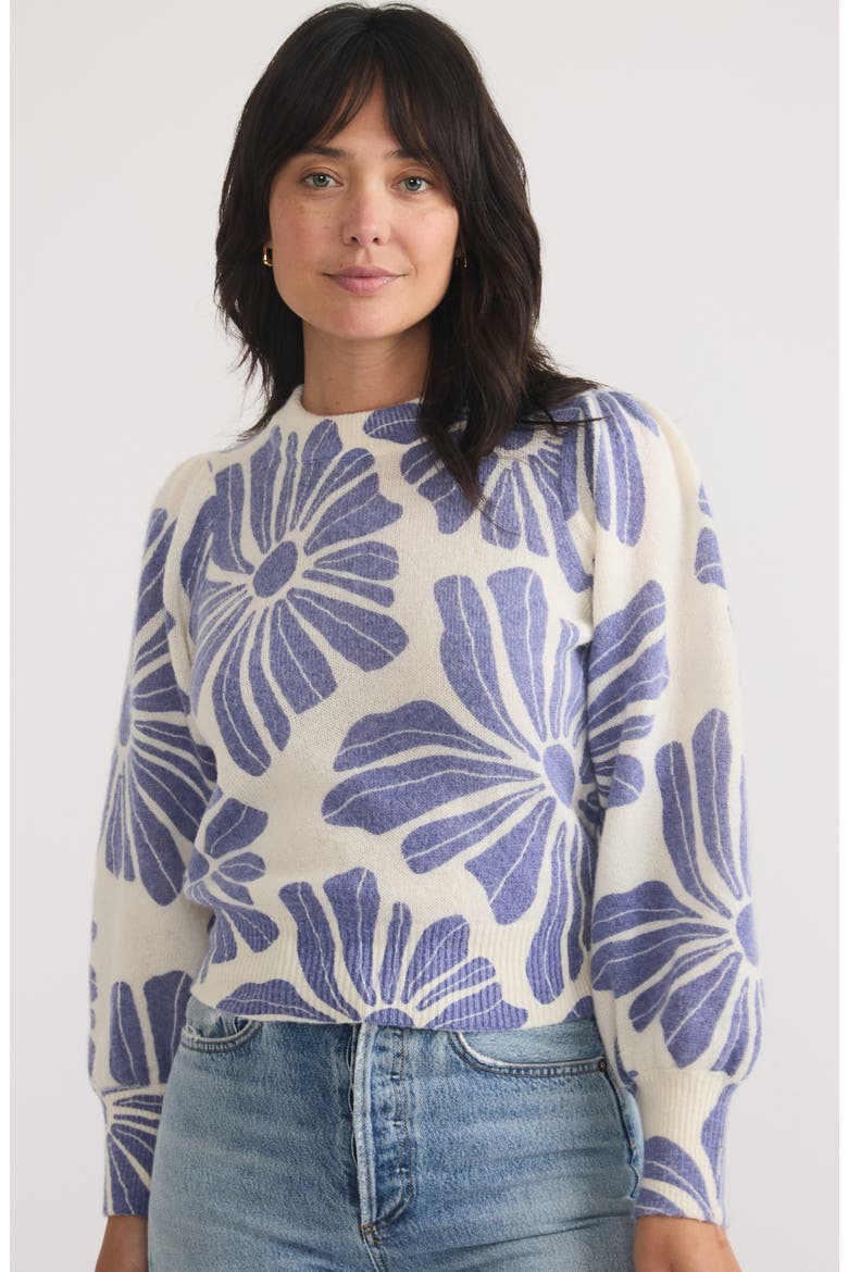 Floral Print Balloon Sleeve Crewneck Sweater, Alternate, color, BLUEFLORAL