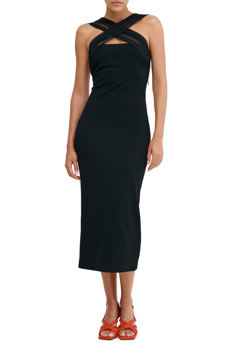 Waldorf Mesh Cross Neck Midi Dress, Main, color, BLACK