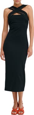Marcella Waldorf Mesh Cross Neck Midi Dress