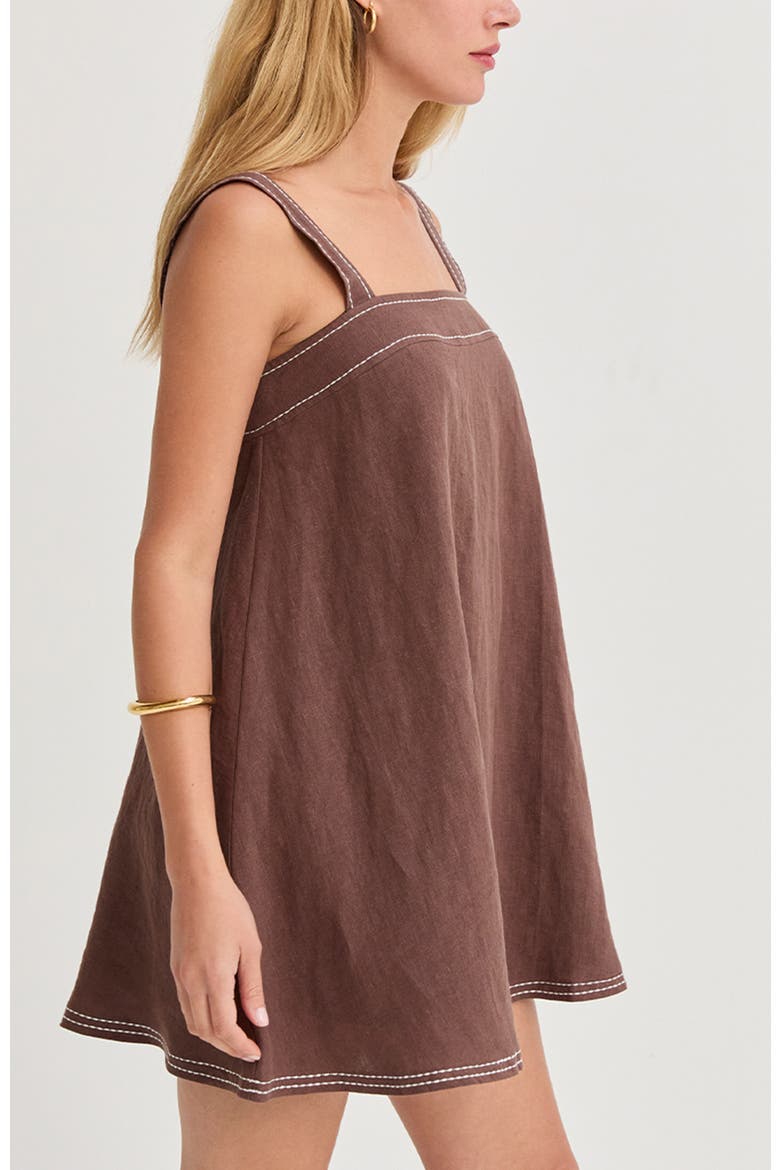 Contrast Stitch Square Neck Linen Mini Dress, Alternate, color, Brown