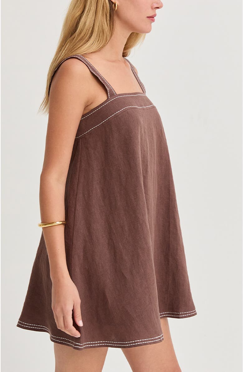 CRESCENT Contrast Stitch Square Neck Linen Mini Dress, Alternate, color, Brown