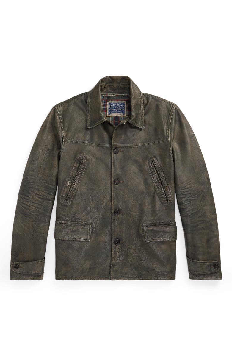 Double RL Indigo Leather Car Coat, Main, color, Vintage Indigo